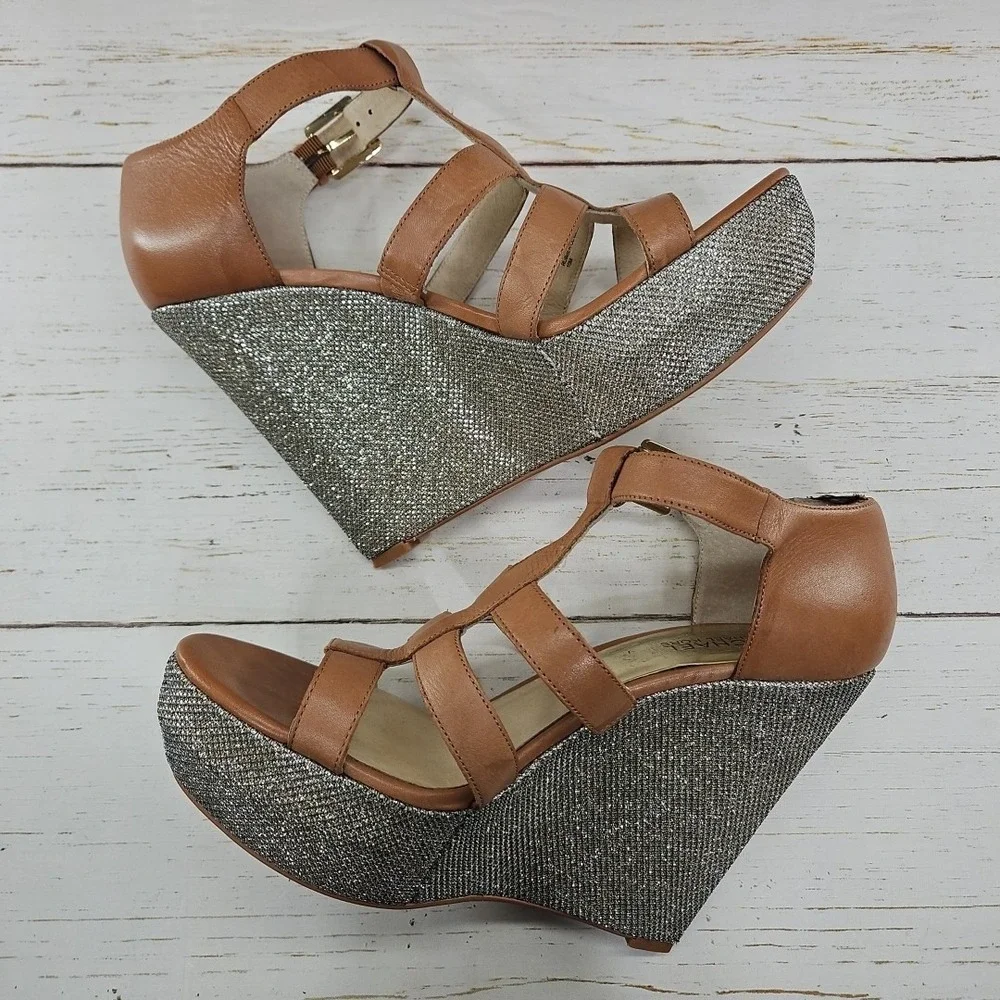 Michael Kors Faye Wedge Size‎ 10 Tan Gold Sparkle Leather Platform Sandals